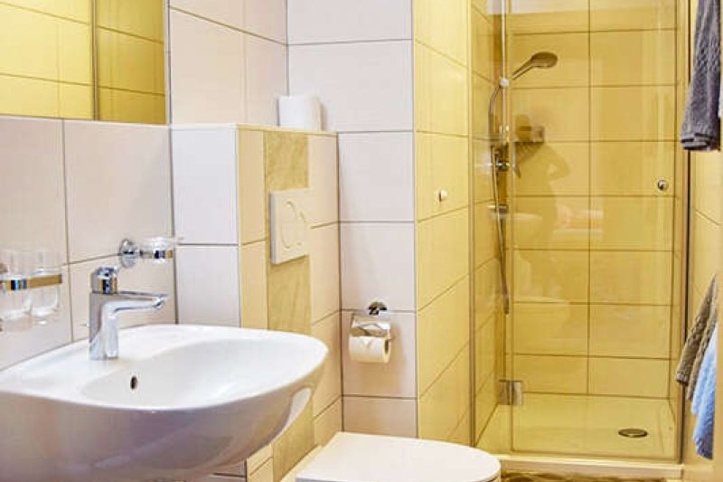 Badezimmer mit Dusche und WC im Nogglerhof